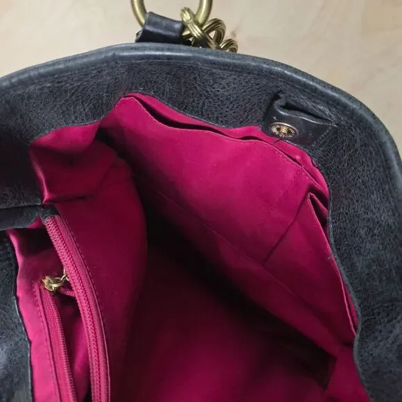 Coach Poppy Camellia Pushlock Leather Tote Glossy Black Leather #1 - Picture 5 of 14